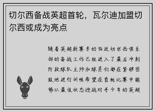 切尔西备战英超首轮，瓦尔迪加盟切尔西或成为亮点