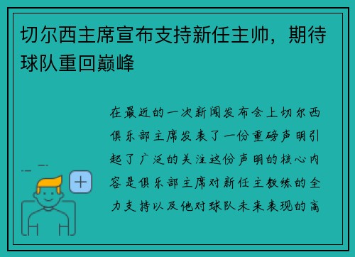 切尔西主席宣布支持新任主帅，期待球队重回巅峰